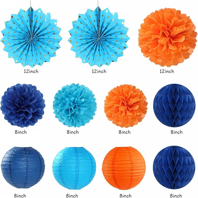 Orange Blue Men Birthday Decorations - 21pcs Happy Banner Garland,Bluey Paper Streamers Lanterns,Flower Tissue Pom Poms Fan Supplies,Hanging Wall Backdrop Party Decor Huglony