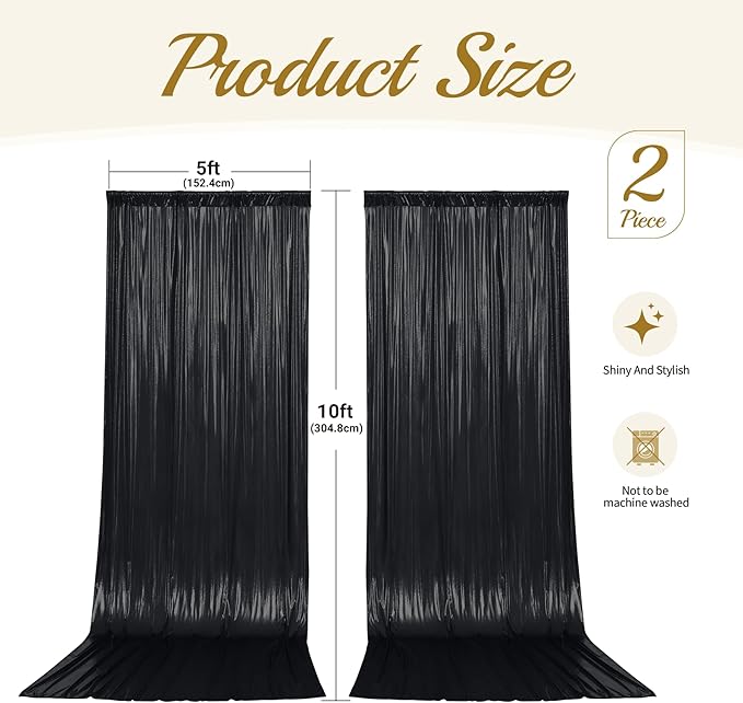 10x10ft Black Glitter Sequin Photo Backdrop Curtain for Parties Wrinkle Free Shimmer Polyester Photoshoot Curtains Drapes Backdrop for Wedding Birthday Baby Shower Shiny Background 2 Panels 5x10ft