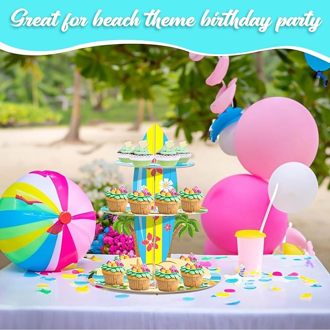 3-Tier Cupcake Stand for Beach Party Decorations - Multi-Colored Tropical Luau Pool Party Supplies, Hawaiian Themed Birthday Cake Stand for Baby Shower Wedding Decorations