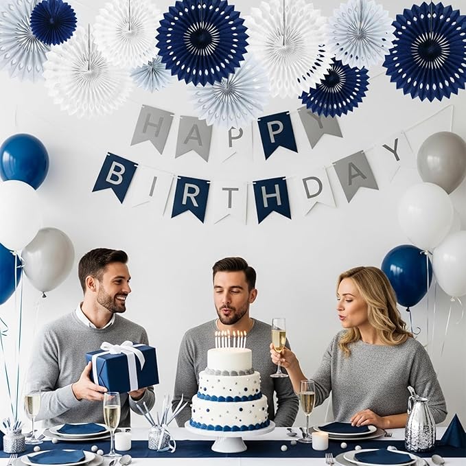 BEISHIDA Blue Gray White Tissue Hanging Honeycomb Round Paper Fans Decoration Set for Graduation Men Boy Birthday Navy Wedding Backdrop Fathers Day Baby Shower Party Supplies(11 Packs)