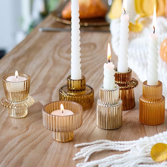 Gold Candlestick Holders 6PCS for Tealight Candle Stick Candles, Ribbed Glass Taper Candle Holders Set Table Centerpieces for Thanksgiving Christmas Farmhouse Decor Indoor and Outdoor