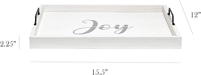 Elegant Designs HG2000-WJY Christmas Decoration 15.50" x 12" Decorative Wood Serving Tray w/Handles, White Wash Joy