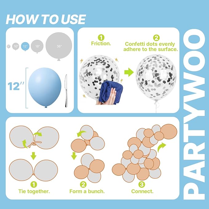 PartyWoo Blue and Silver Balloons 66pcs 12 Inch Light Pastel Baby Metallic Pearl Blue Metallic Chrome Silver Confetti Balloons for Gender Reveal Wedding Baby Shower Birthday Party Decorations