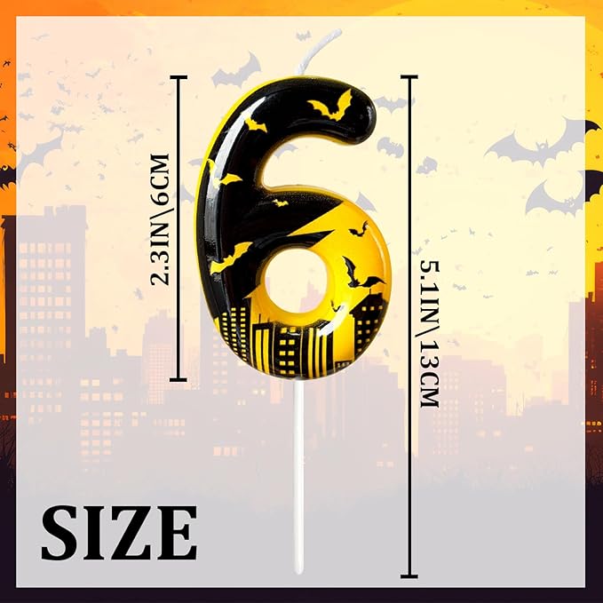 Black Yellow Number 6 Birthday Candle for Cake – Dark Night Hero Style with Bat & City Silhouette Design – Unique Cake Topper for Birthday, Anniversary, Themed Party Decoration