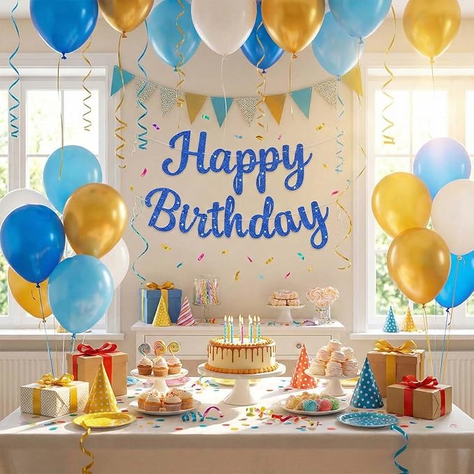 Glitter Happy Birthday Banner Sign, Reusable Birthday Garland Party Supplies, Cake Day Backdrop Banners Wall Decorations for Women, Girls, Boys (Blue)