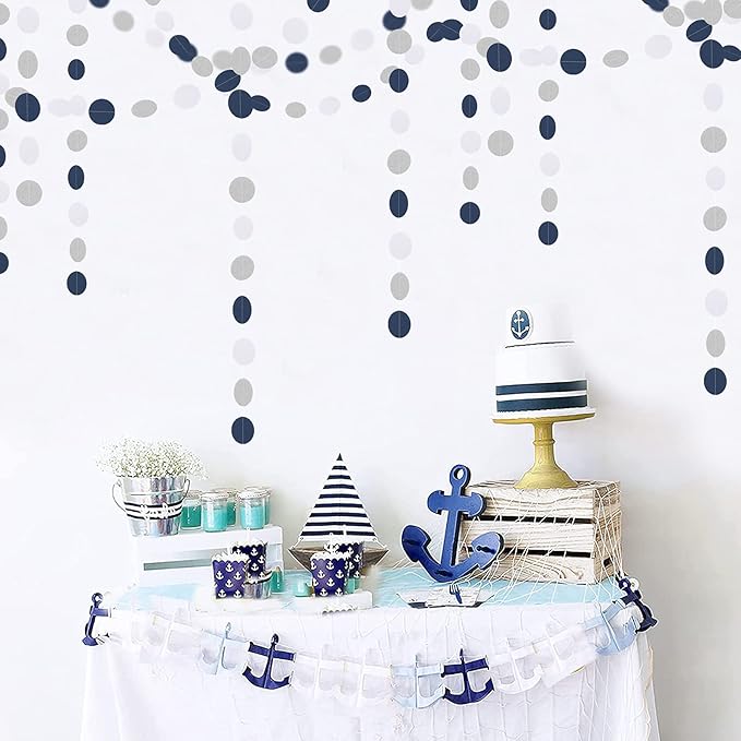 Navy Blue White Silver Paper Garland,52Ft Gender Reveal Hanging Decoration Streamer Banner,Graduation Engagement Christmas Wedding Birthday Party Backdrop Bunting Lasting Surprise