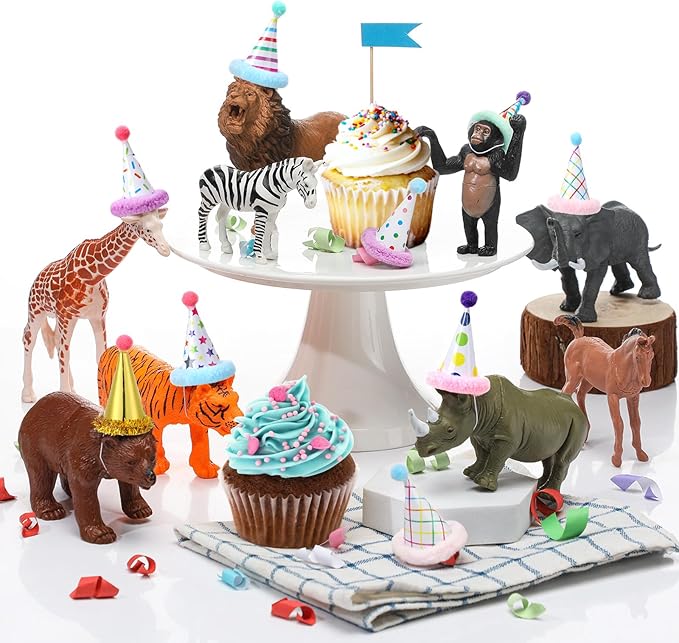 Colingmill 18 Pcs Jungle Animal Birthday Party Decorations Mini Birthday Hat Animal Figure Model Cake Toppers with Mini Hat for Birthday Party, Wild Animals Themed Party