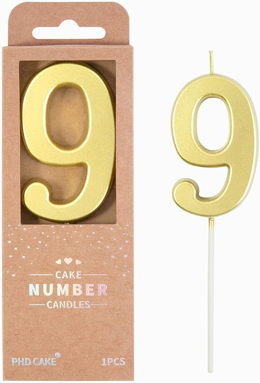 PHD CAKE 2.76 Inch Modern Gold 9 Number Birthday Candles, Gold Number Candles, Cake Number Candles, Party Celebration
