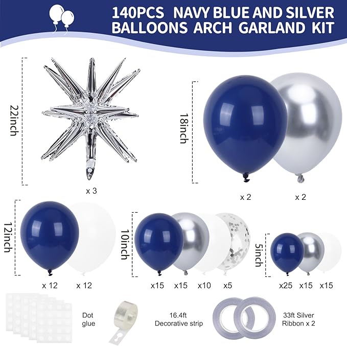 RUBFAC Blue and Silver Balloon Arch Kit, Navy Blue Silver White Graduation Balloons, 140pcs Confetti Star Latex Balloons for Birthday Wedding New Year Party Decorations
