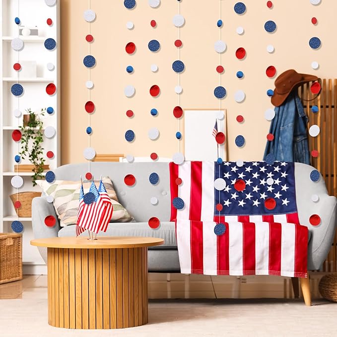Outus 5 Pieces Blue,White,Red Round Dots Garland Graduation Party Hanging Decor Each Length 13.1ft Glitter Paper Dot Streamers for Birthday Wedding Classroom Supplies