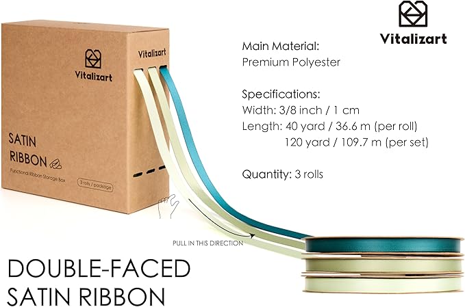 Vitalizart Green Satin Ribbon 3/8” x 3 Rolls 120 Yards Ribbon for Gift Wrapping Hair Craft Party Decoration Flower Bouquet Wedding Double Face Light Sage Dark Green
