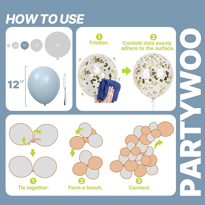PartyWoo Dusty Blue Balloons 66pcs 12 Inch Light Baby Slate Blue Off White Sand Metallic Gold Boho Confetti Balloons for Graduation Boy Baby Shower Gender Reveal Birthday Wedding Party Decorations