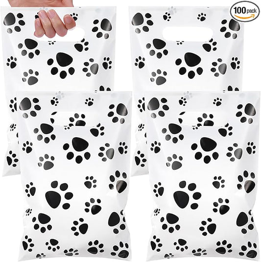Pasimy 100 Pcs Dog Paw Gift Bags Bulk Pet Paw Puppy Plastic Treat Favor Candy Goodie Bags with Handle for Dog Birthday Party Decoration Supplies(White,Black)