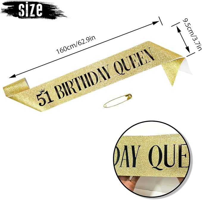 51 Birthday Queen 51st Birthday Sash for Women, Gold Glitter Sash with Black Foil