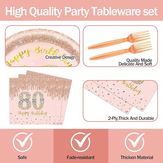 60 PCS 80th Birthday Decorations for Women, 80th Birthday Plates and Napkins Rose Gold Disposable Tableware Set Party Supplies for Women Cheers to 80 Years Anniversary (80TH)