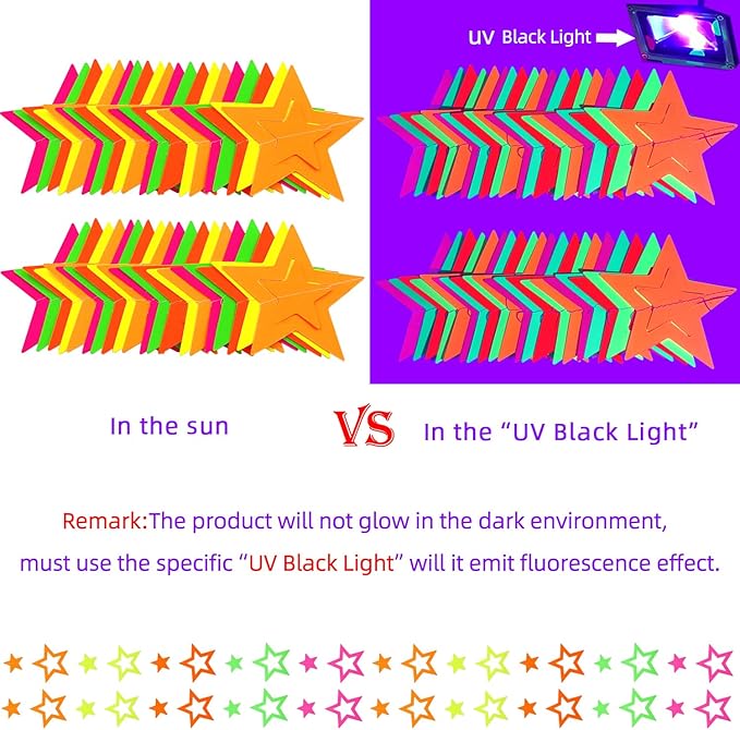 WELITTCON 102feet Neon Paper Garland Streamers Hollowed Star Black Light Decorations Glow Party UV Reactive Favors in The Dark Supplies for Wedding Birthday Garlands