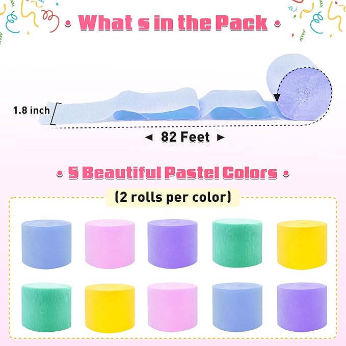 10 Rolls Crepe Paper Streamers, 5 Colors Pastel Streamers Party Decorations for Birthday, Baby Shower, Wedding, Bachelorette, Rainbow Party Backdrop, Kids DIY Crafts