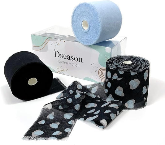 Chiffon Ribbon, 3 Rolls Handmade Floral Fringe Chiffon Silk Ribbons, 1.5" x 7 Yards Blue Leopard Ribbons Set for Wedding Invitations, Bridal Bouquets, Gifts Wrapping, DIY Crafts Decoration