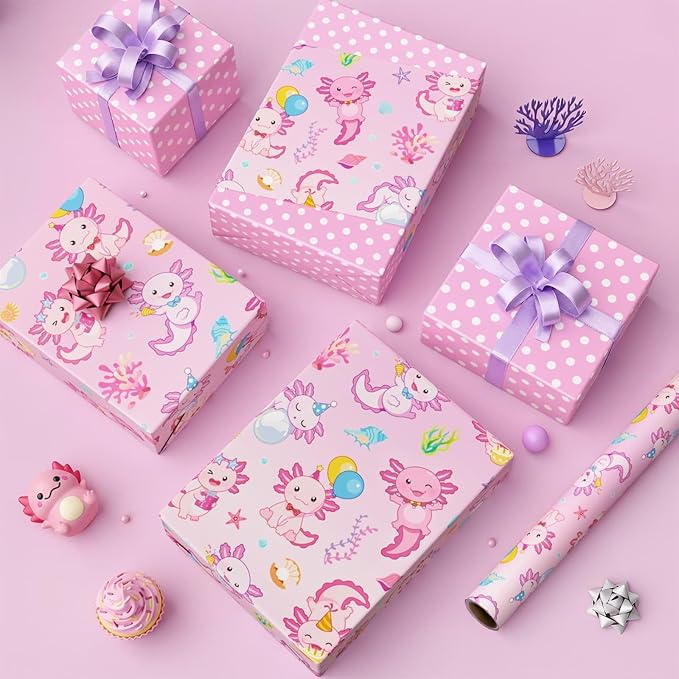 WERNNSAI Axolotl Wrapping Paper - 1 Roll 17” x 33 ft Girls Birthday Wrapping Paper Pink Salamander Pattern Gift Wrap Roll for Kids Girls Ocean Theme Party Favor Polka Design