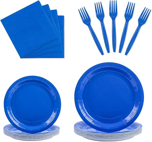 100PCS Blue Paper Plates Disposable Party Tableware Set Includes 7in & 9in Paper Plates Napkins and Forks Party Decoration Supplies for Birthday Graduation Wedding and Holiday, Serve 25