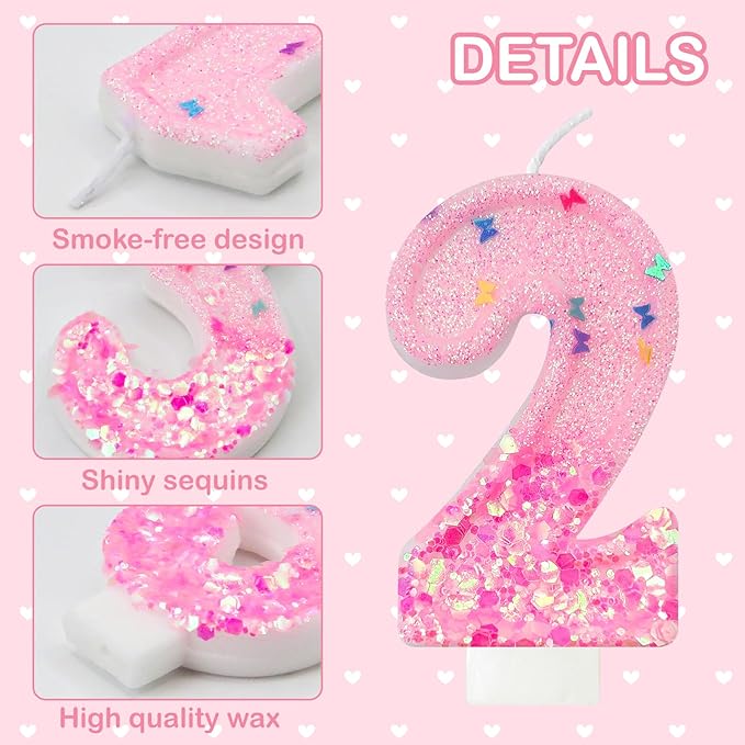 Pink Sequin Birthday Candles, Cake Number Candles, Girls 0th Birthday Decorations, Suitable for Birthday Parties, Anniversary Party Decorations(2)