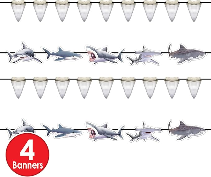 Beistle 4 Piece Shark Banners For Ocean Beach Under The Sea Theme Party, Luau Decorations, Birthday Décor, Baby Shower Celebration