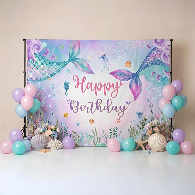 Mocsicka 7x5ft Mermaid Birthday Backdrop Under The Sea Fantasy Decorations for Girls Blue Purple Mermaid Tails Photography Background Party Supplies (7x5ft(82x60 inch))