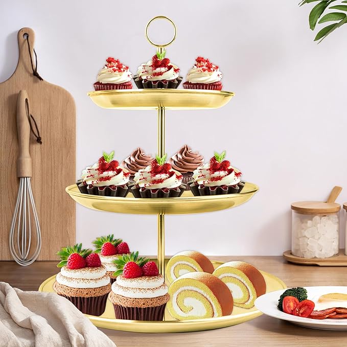 3 Tier Gold Cupcake Stand Stainless Steel Dessert Display Rack with Removable Tiered Tray for Parties,Weddings,Birthdays,Decorations,Any Festivals and Festivities(Stainless Steel Pole-2 Pack)