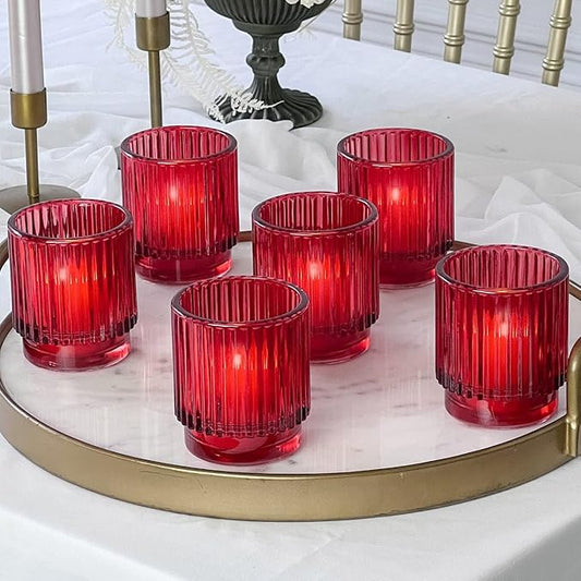 Kate Aspen 24PCS Vintage Ribbed Red Glass Tealight & Votive Candle Holders, Fall Decor, Boho Decor, Shelf Decoration for Wedding, Bachelorette, Bridal Shower & Anniversary
