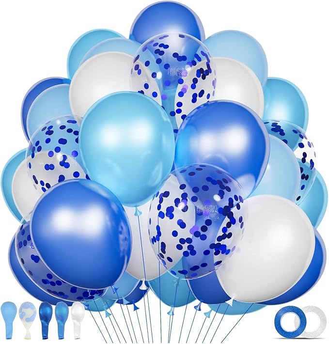 68Pcs Blue and White Balloons Kit 12 Inch, Blue Confetti Balloons Light Blue Baby Blue Pearl White Party Balloons with Ribbons for Birthday, Wedding, Baby Shower, Graduation Decorations
