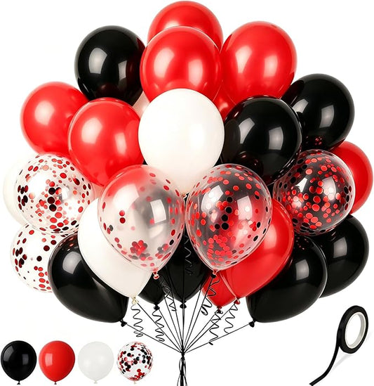 Red and Black Balloons White Black Red Confetti Balloon, 60 Pcs 12 Inch Latex Balloons with 1 Ribbon, for Wedding Bridal Shower Birthday Party Decorations