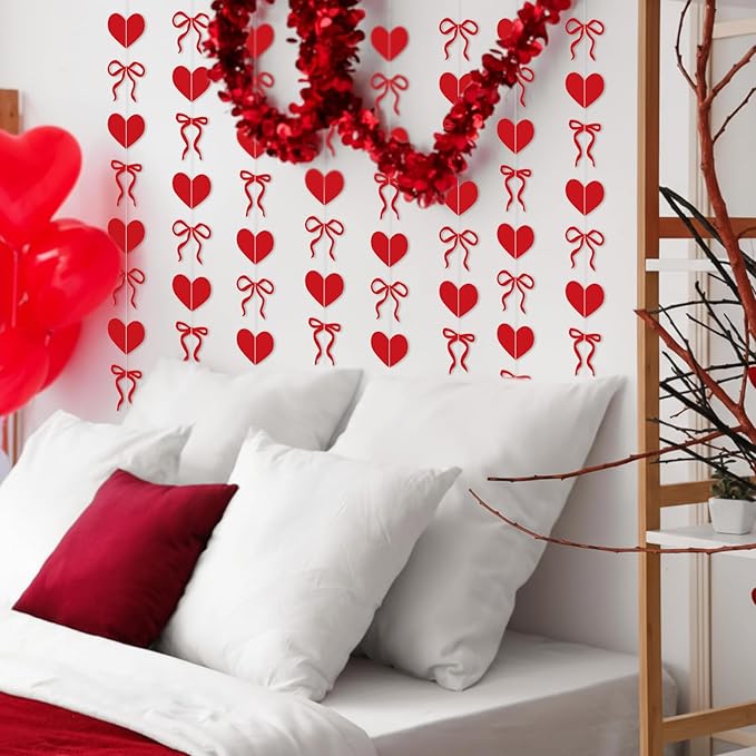 TaoBary 8 Pack Valentine's Day Red Heart Garland 6.56 ft Pre Strung Bow Bunting Banner Romantic Love Streamer Paper Hanging Decorations for Home Office Anniversary Wedding Engagement Party Decor
