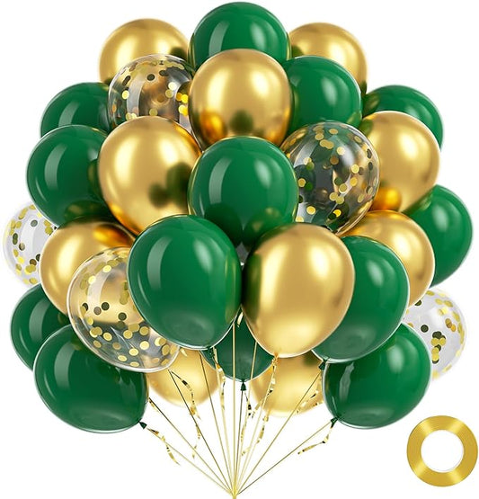 BAUANOOY Green and Gold Balloons, 60pcs 12 Inch Metallic Chrome Gold Dark Green Balloon Latex Balloons for Wedding Graduation Jungle Birthday Party Decorations