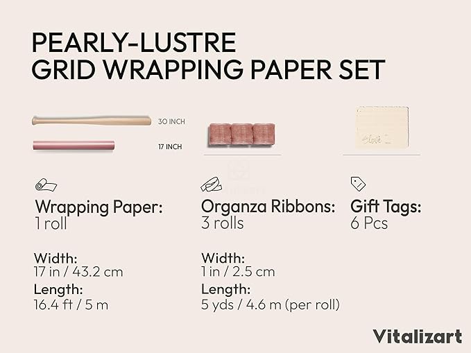 Vitalizart Pink Metallic Grid Wrapping Paper Set 17" With Organza Ribbon & Gift Tags Christmas Gift Wrapping Birthday Baby Shower Wedding Bouquets Handmade Crafts 197"(16.4 Ft) Pink Ribbon