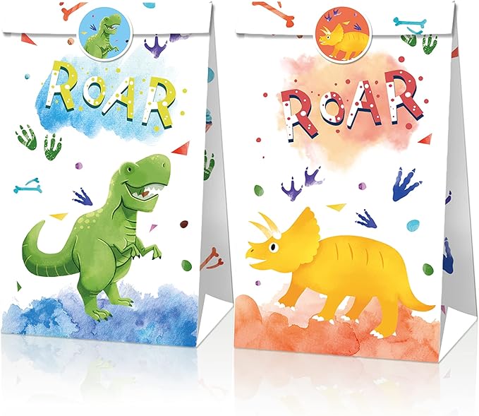 24Pcs Dinosaur Party Favor Bags with 36 Stickers, Watercolor Dino Kraft Paper Gift Bags ,Jurassic Dino Goodie Bags for Kids Birthday,Baby Shower, Dinosaur Themed Party Supplies Decorations