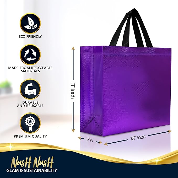Nush Nush Mix Color Bulk Gift Bags Large Size– Set of 60 Reusable Gift Bags With Handles with 6 Glossy Vibrant Colors - Perfect Large Goodie Bag for Small Business, Christmas, Events – 13x5x11