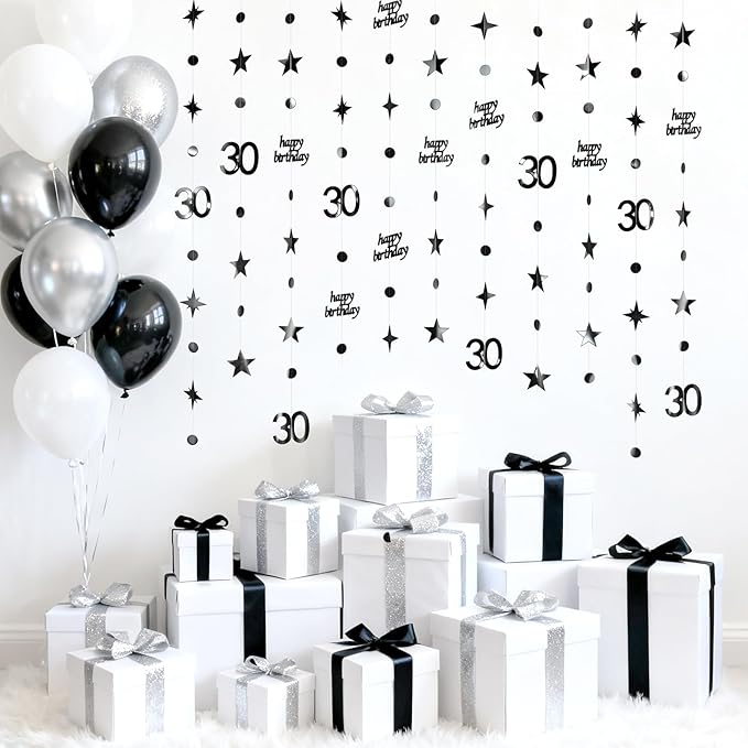GCQQ Black 30th Birthday Decorations - 46FT Happy 30 Circle Dot Birthday Star Garlands 4Packs Dirty 30 Year Old Paper Hanging Streamer Banner Backdrop for Men Women Anniversary Party Decor