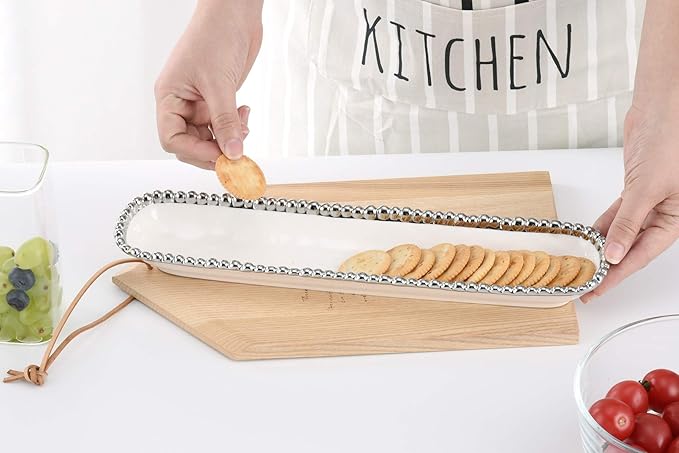 Pampa Bay Salerno Porcelain Cracker Tray with Titanium-Plated Border, White and Silver
