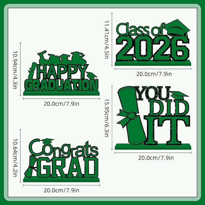 4Pcs Green Graduation Decorations Class of 2026 Congrats Grad Wooden Graduation Table Decorations for 2026 Graduation Party Decorations