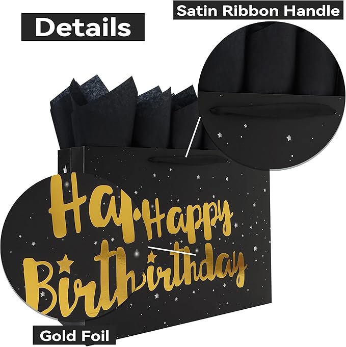 Qirrmiy 16.5'' Extra Large Black Happy Birthday Gift Bag Set with Handles, Greeting Card, Tissue Papers and Stickers for Men Boys Kids, Stars Design, 1 Pcs.