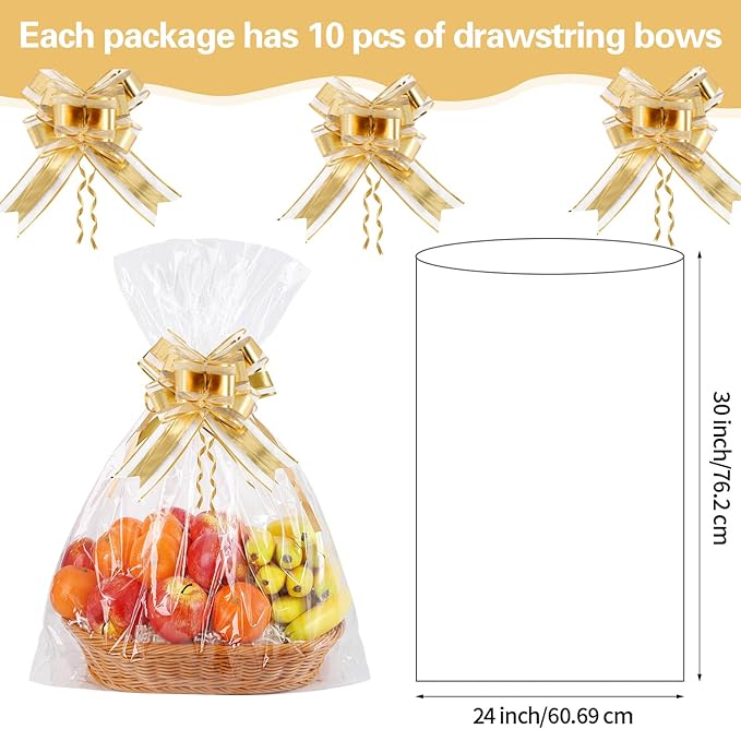 10 Pcs Large Cellophane Bags for Gift Baskets 24x30 Inches Plastic Clear Basket Bags, Cellophane Wrap for Gift Baskets With 10 Gold Ribbons for Cookie Candy Goodie
