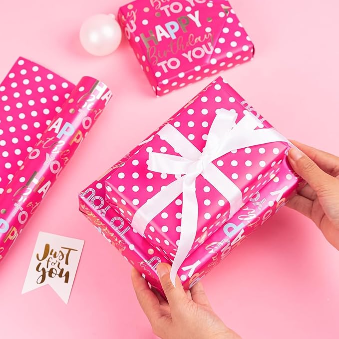 MAYPLUSS Reversible Birthday Wrapping Paper Roll 17In x 16.5FT Rose Red Happy Birthday Letter Glitter Metallic Foil (23.4 sqft) for Boys Girls Kids Women Holiday Party Baby Shower