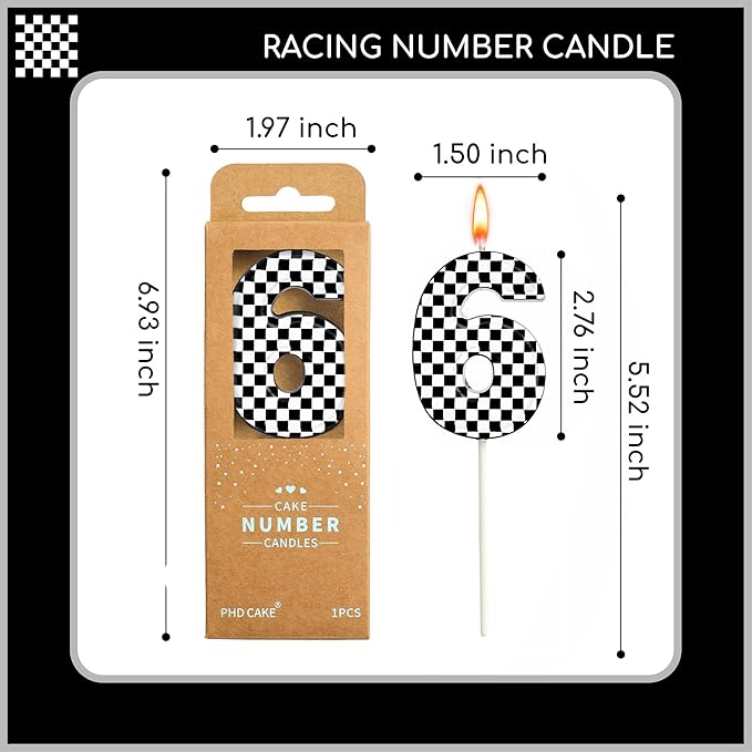 PHD CAKE 2.76 Inch Number 6 Racing Birthday Candles, Cool Racing Themed Number Candles, Cake Number Candles, Party Celebration, Style Candle