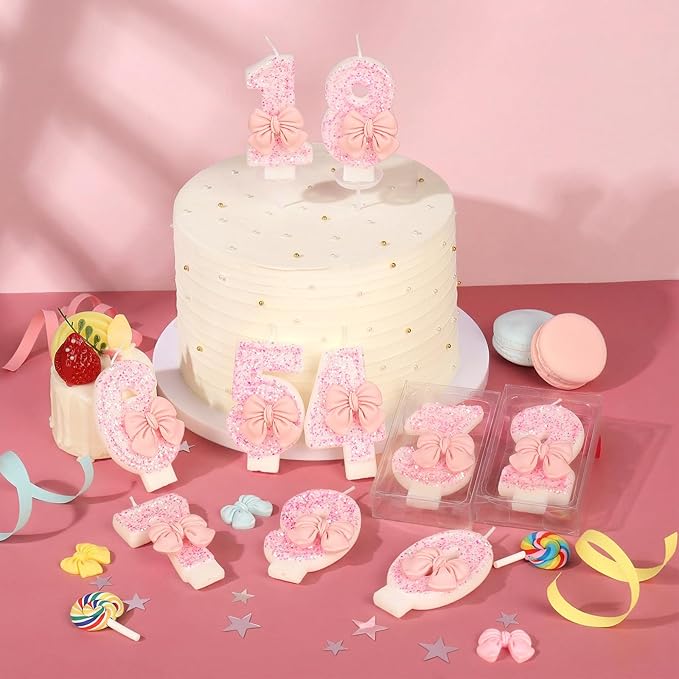 Pink Bow Number 8 Birthday Candle, Glittering Candles Birthday Cake Topper, Princess Themed Party Decor for Girls and Women Anniversary Party Supplies