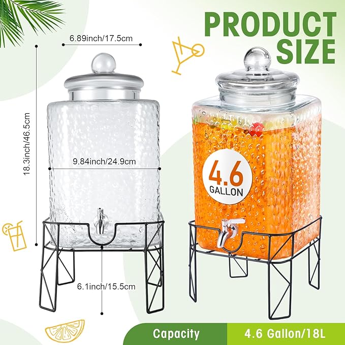 Honeydak 4.6 Gallon Glass Beverage Dispenser with Stand Stainless Steel Spigot Glass Lid Clear Iced Juice Container Leakproof Drink Dispenser Countertop Lemonade Water Jar for Wedding Party (1 Pack)