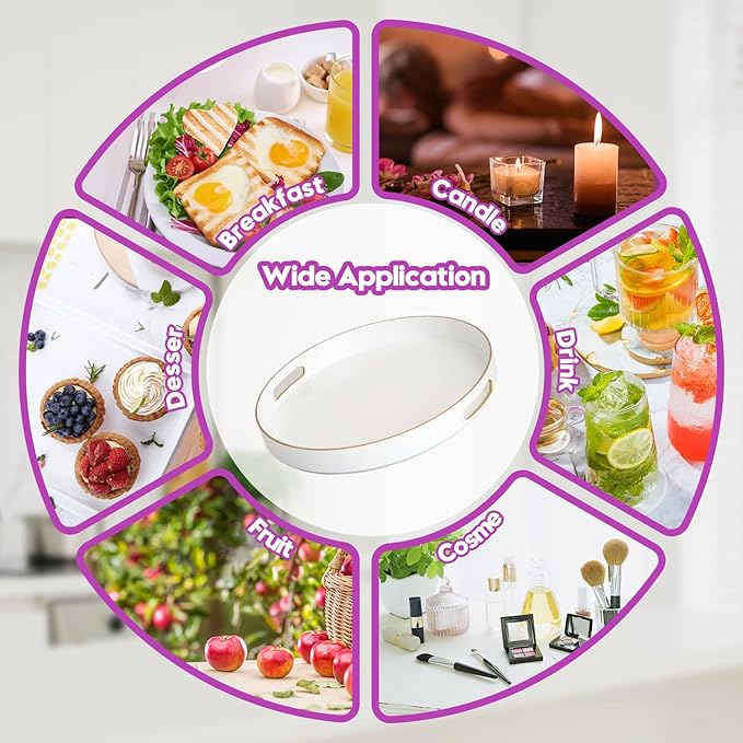 Gifturbo White Round Serving Tray,Decorative Serving Trays with Handles, Coffee Table Tray Ottoman Round Plastic Trays for Living Room, Bathroom