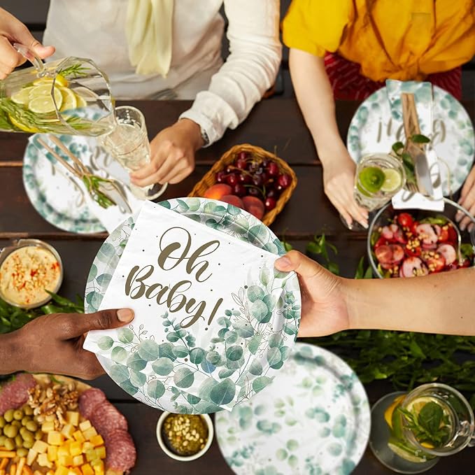 Sage Greenery Baby Shower Party Supplies Disposable Paper Plates Napkins Cups and Tablecloth for Boho Greency Party Decorations, Serve 25.