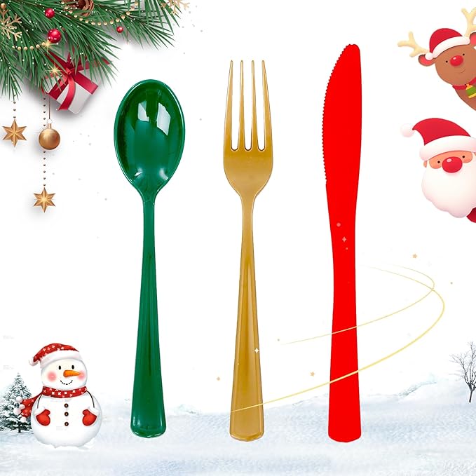 WDF 180 Pieces Plastic Silverware - Disposable Cutlery Set Incluede 60 Gold Forks, 60 Red Knives and 60 Green Spoons - Heavy Duty Plastic Flatware - Disposable Utensils for Wedding Party Birthday