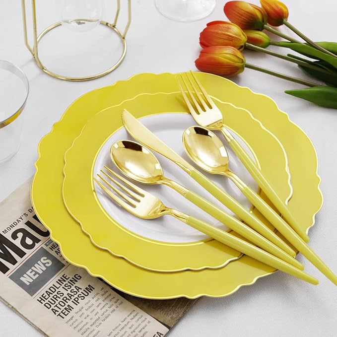 WDF 150pieces Yellow Disposable Dinnerware Hign-end Baroque Design - Sturdy&Durable Baroque Yellow Sunshine&Gold Plastic Dinnerware for Upscale Wedding/Birthday/Party