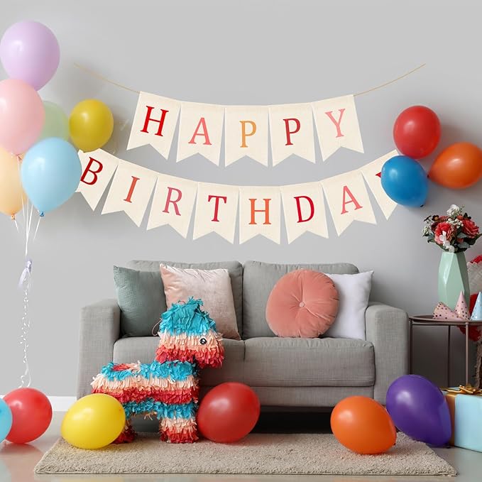 Doumeny Happy Birthday Burlap Banner Boho Birthday Garland Banner Red Bohemian Theme Hanging Bunting White Happy Birthday Bunting Garland Colorful Birthdays Sign Flag for Women Men Kid Party Backdrop